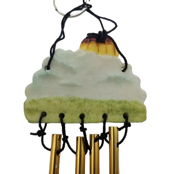 Wind Chimes Resin Yellow Hot Air Balloon Sky Mountains Metal Rod Home Decor - Picture 4 of 5
